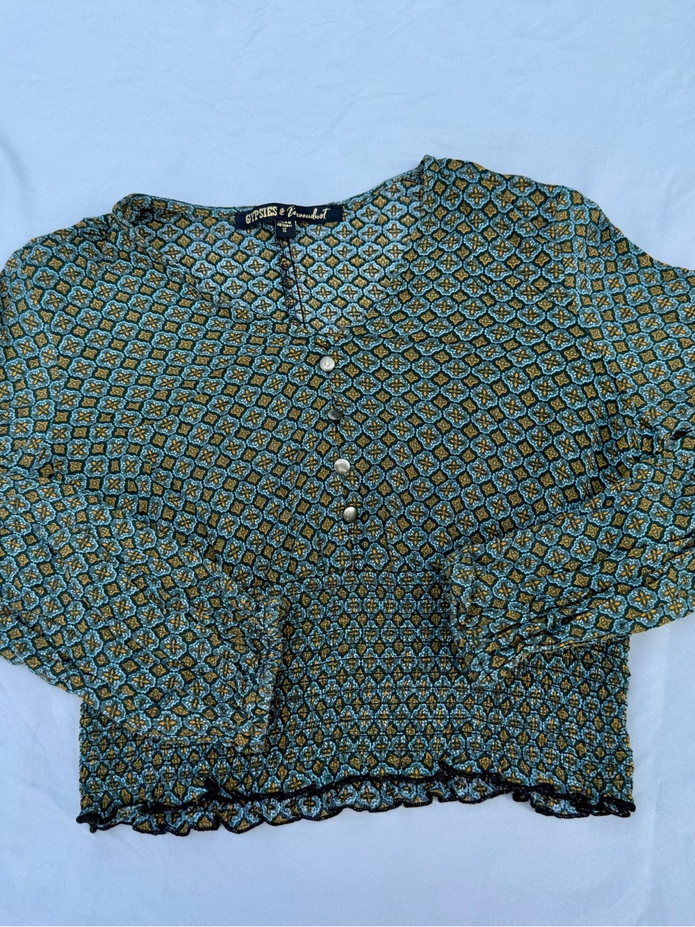 Teal Patterned Long-Sleeve Crop Top